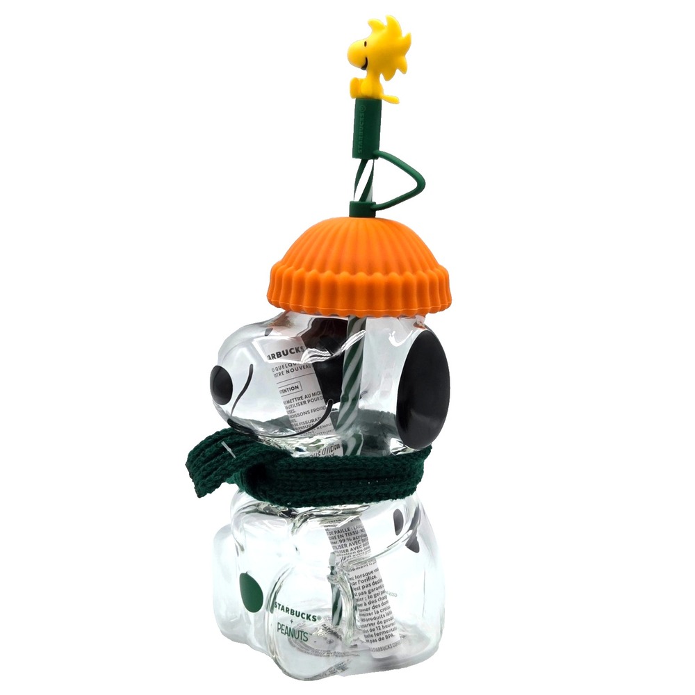 Starbucks x Peanuts Snoopy Glass Cup Clear w/ Orange Lid & Straw